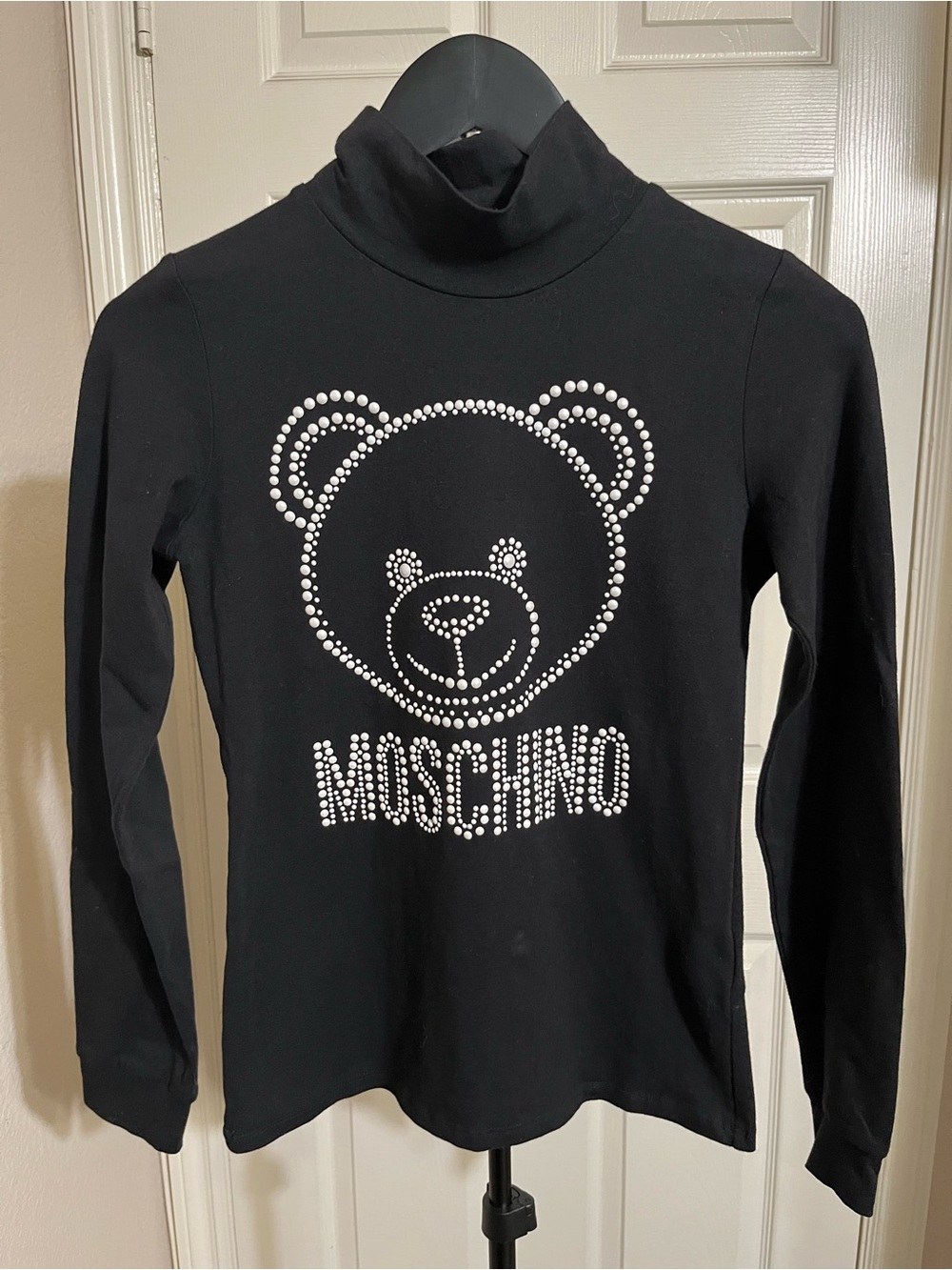Moschino Teen Girls Size 12 Womens XXS Black Studded Pearl Teddy Bear Turtleneck